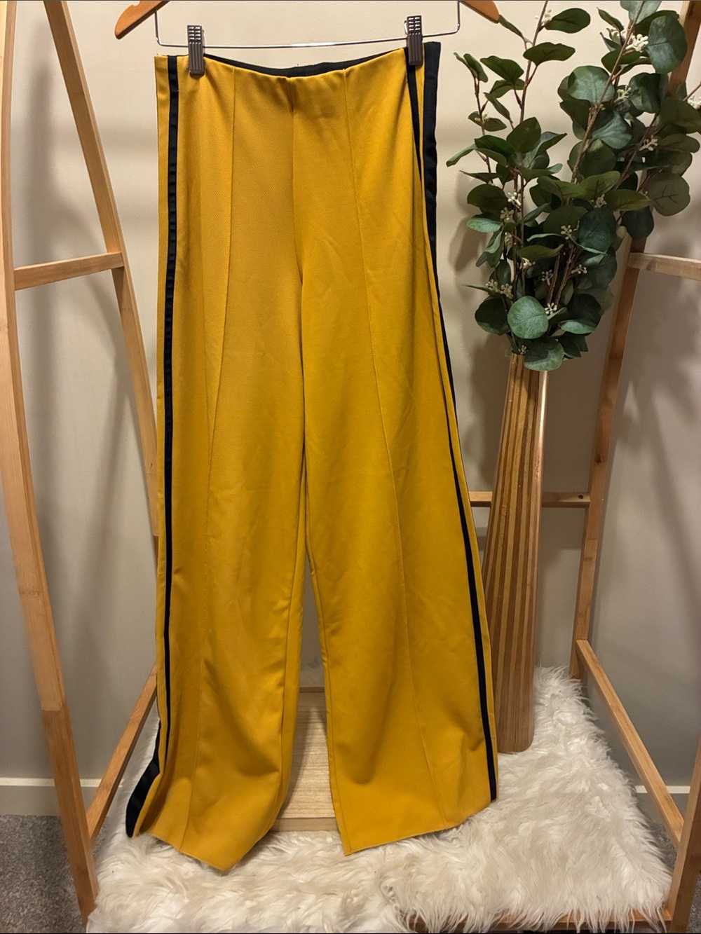 Zara Mustard Wide-Leg Pants with Black Side Stripes